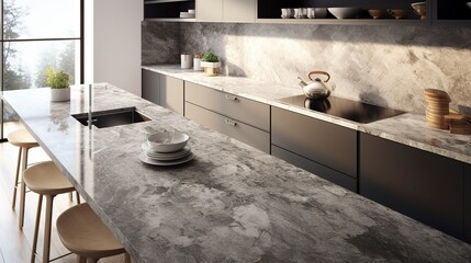 A photo of a modern kitchen with granite countertops