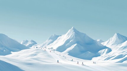 Epic winter landscape highlights a ski resort with snow covered mountains and skiers under a clear blue sky