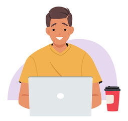 Man student cartoon character studying online doing homework through education platform on laptop