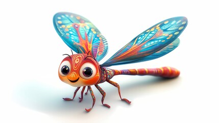 Fototapeta premium Playful cartoon dragonfly with glowing patterns on its wings and a happy smile on a white background