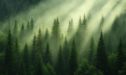 Fototapeta premium Misty Evergreen Forest at Sunrise: Sunlight Through Fog Illuminating Pine Trees