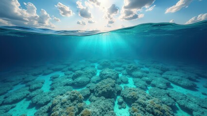 Split view of coral reef suffering from bleaching and ocean surface above	