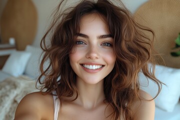 Happy woman takes selfie in minimalist bedroom with natural light