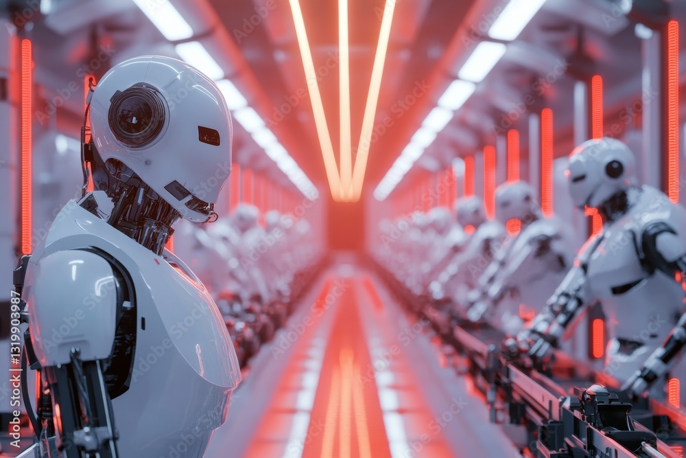 Poster Automated factory showcasing advanced robotic machines and AI in production control under striking lighting design