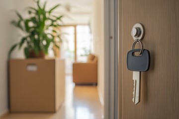 Key in the door signifies moving into a new home with boxes and plants in the background