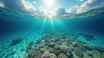 Obraz premium Split view of coral reef suffering from bleaching and ocean surface above 