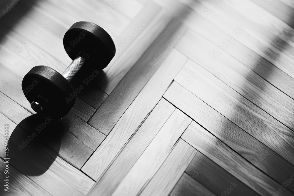 Poster Minimalist black and white dumbbells on textured wooden floor with diagonal lines and negative space in balanced composition