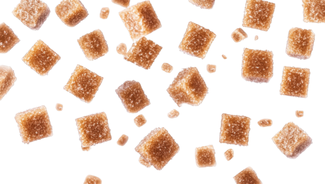 numerous brown sugar cubes floating against a white background emphasizing their texture and shape likely for culinary or advertising purposes