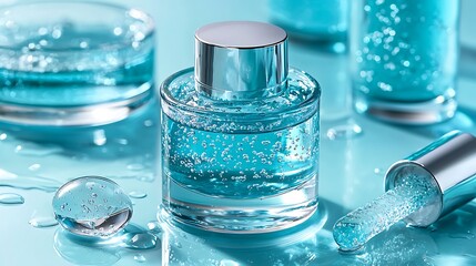 Light Blue Cosmetic Serum, Bubbles, Droplets, Wellness, Skincare