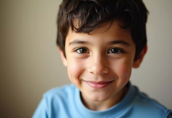 Obraz premium A young boy in Israel is captured mid-laughter, his expressive eyes sparkling with mischief. His delightful smile radiates joy, filling the atmosphere with warmth and positivity. AI