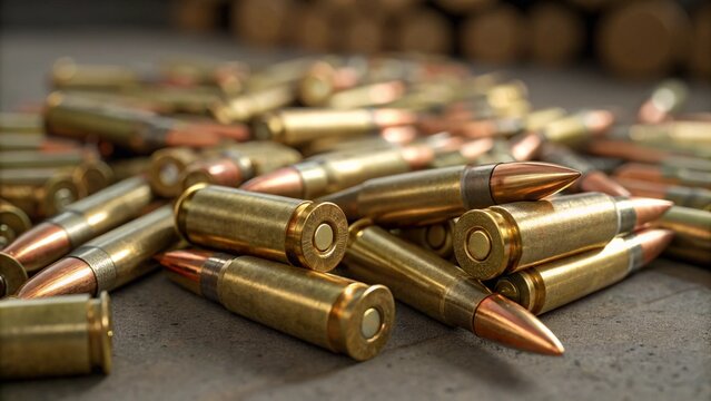 Detailed shot of brass bullets and silver tips, representing firepower and defense