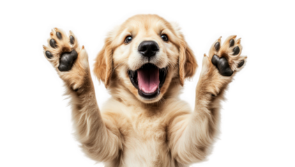 a joyful golden retriever puppy with its mouth open and paws raised exuding happiness and playfulness against a white background