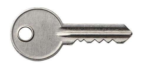 Detailed view of a silver house key with a smooth round head and sharp grooves