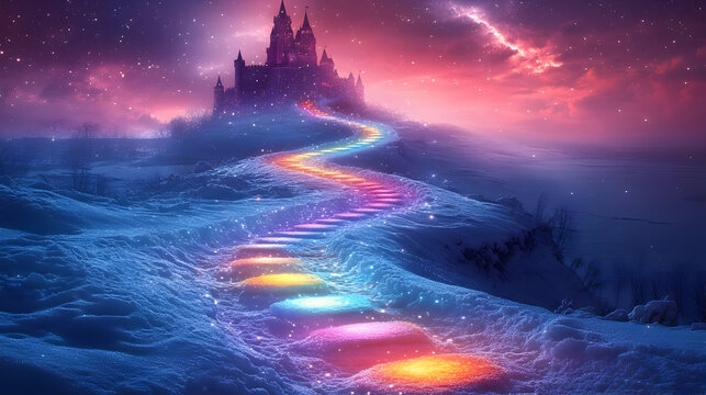 Magical Rainbow Path To Fantasy Castle On Snowy Hill - Powered by Adobe