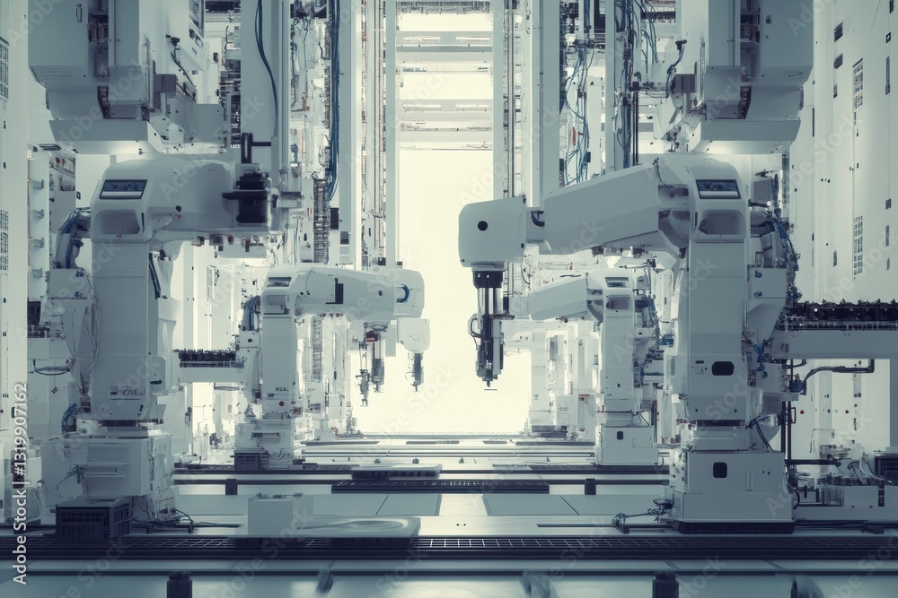 Poster Automated factory showcasing robotic machines and AI driven production process in a modern manufacturing environment