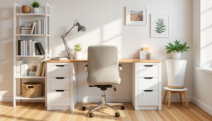 Stylish home office with compact storage solutions in afternoon light, productivity