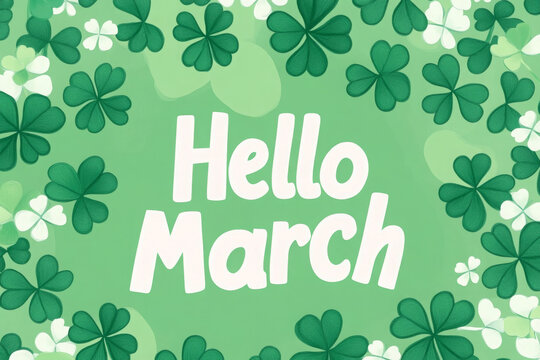 hello march text with clover leaves; St. Patrick's Day concept- illustration 
