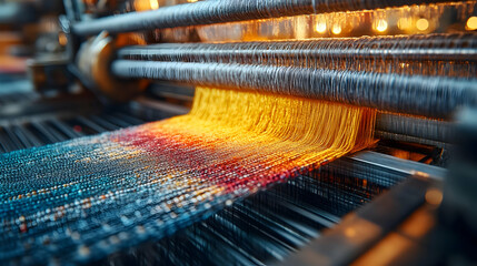 Automated Loom Weaving Multicolored Threads Into Detailed Textile Pattern In Modern Factory And Blurred Motion