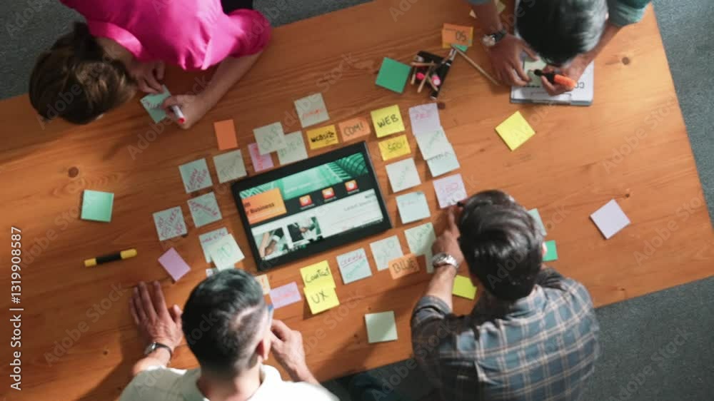 Poster top view of business people working together to design web design. aerial view of designer brainstor