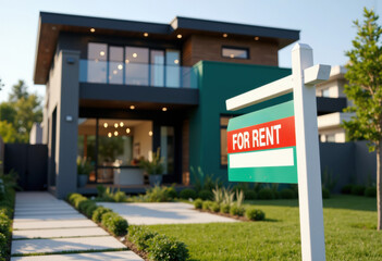 Modern house with a For Rent sign in a beautiful neighborhood