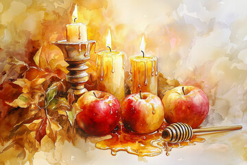 Watercolor painting of Rosh Hashanah with apples, honey, and candles