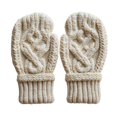 A Pair of White Knit Mittens with Braided Patterns Isolated on Transparent Background