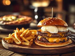 Delicious double cheeseburger with fried potatoes served on wooden tray
