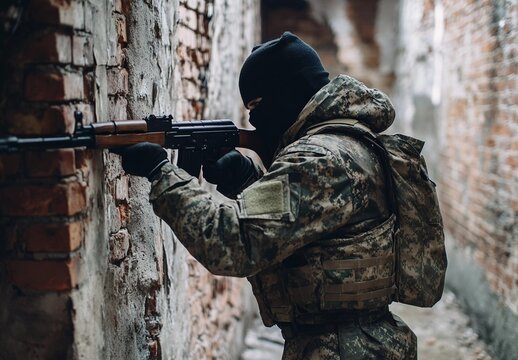 Armed soldier in camouflage uniform and tactical gear aiming an assault rifle while taking cover behind a brick wall in an urban warfare scenario