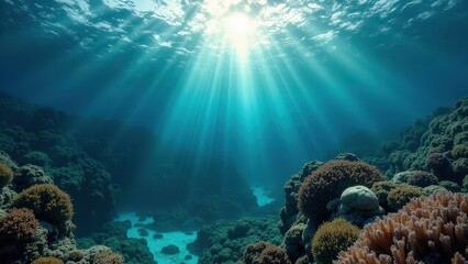 Fototapeta premium Underwater view of coral reef with turbulent waves above the surface 