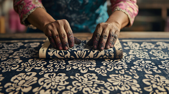 Woman Hands Pressing Dye on Traditional Batik Fabric with Floral Pattern Design for Indonesian Textile Art Indigo Dyeing Craft and Creative Decoration