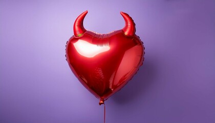 colorful heart shaped balloon with devil horns on pastel purple background enhances a playful atmosphere for celebrations and themed events