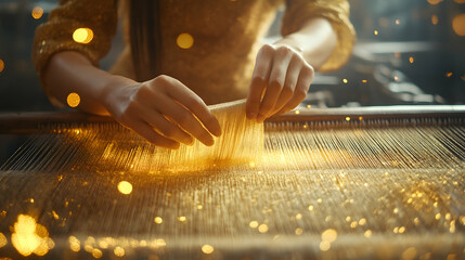 Woman Weaving Golden Threads on a Loom with Bokeh Accents in Close Up View