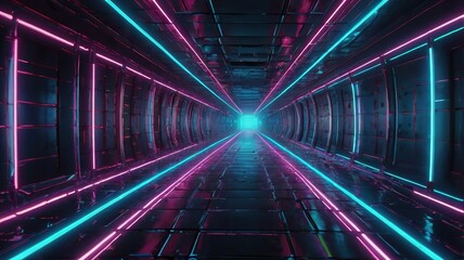 Futuristic Neon Tunnel with Purple and Blue Light Lines on a Dark Tech Background
