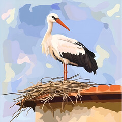 Fototapeta premium Stylized stork standing on a nest atop a rooftop under a colorful sky