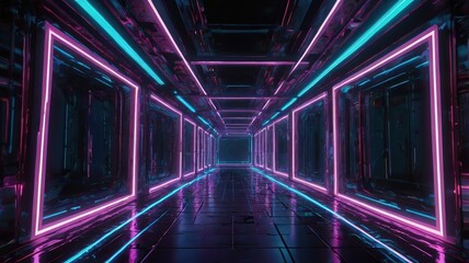 Futuristic Neon Tunnel with Purple and Blue Glowing Rectangular Frames on a Dark Tech Background