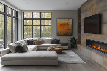 Photo salon contemporain élégant avec couleurs neutres, grand canapé d’angle, cheminée moderne et œuvre murale abstraite pour un design intérieur raffiné
