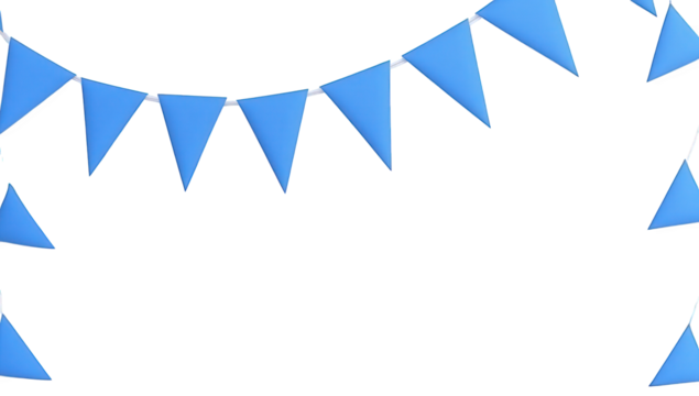 a series of blue triangular bunting flags hanging against a plain white background suggesting a festive or celebratory atmosphere