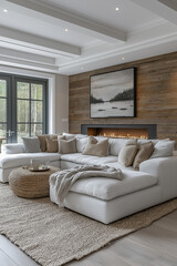 Photo salon contemporain élégant avec couleurs neutres, grand canapé d’angle, cheminée moderne et œuvre murale abstraite pour un design intérieur raffiné