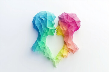 Two colorful silhouettes of male shaped busts facing each other closely, guys kissing. Minimal concept of intimate touch, love making, sensuality, intimacy. Red, blue, yellow, green, rainbow colors. 