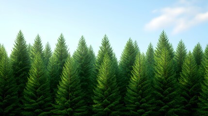 A dense forest of vibrant evergreen trees stretches under a clear blue sky, showcasing the beauty of nature