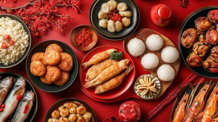 Gathered around a beautifully set table, friends and family enjoy a lavish Traditional Chinese lunar New Year dinner featuring an array of delicious dishes, symbolizing prosperity and unity