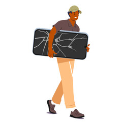 Unhappy man character carrying huge broken smartphone walking to repair service isolated on white