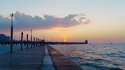 Fototapeta premium Sunset over Sea with Pier Silhouette Orange Sky and Golden Light Reflection on Water