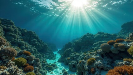 Sunlight illuminating a coral reef cave affected by coral bleaching	