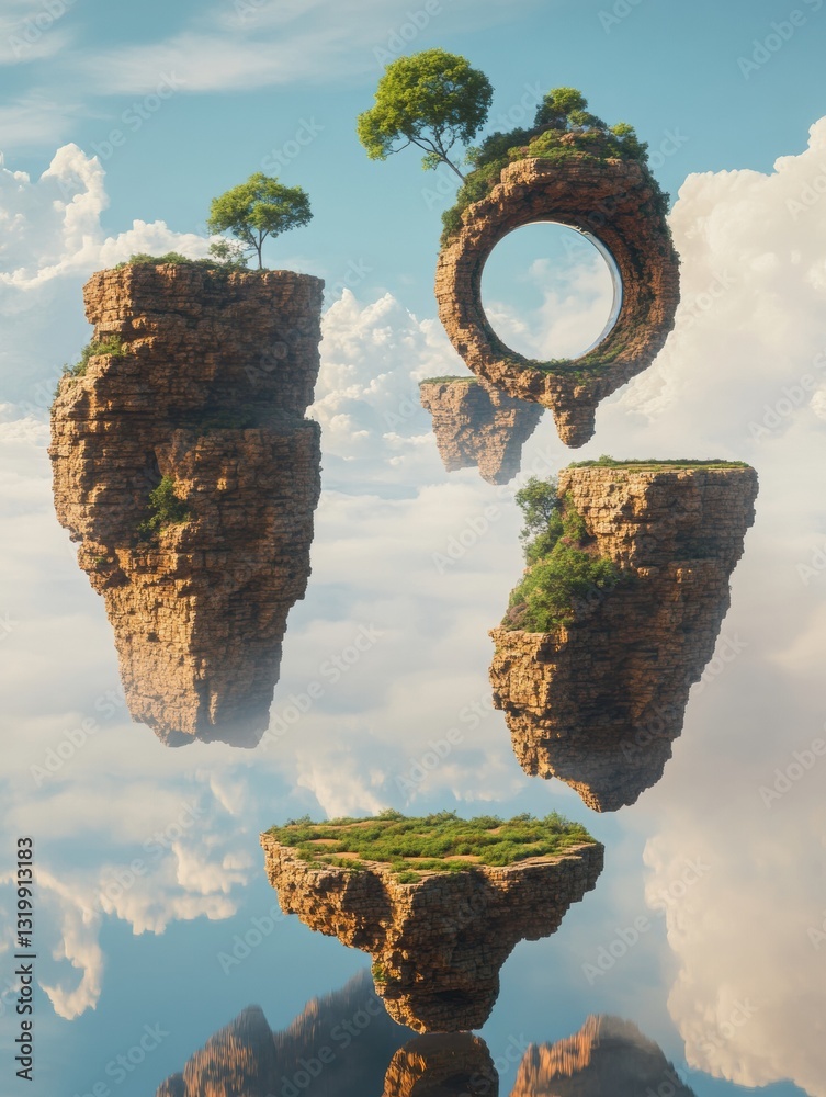 Poster Floating islands with portals to diverse virtual worlds nestled in a serene sky showcasing creativity and imagination in digital landscapes