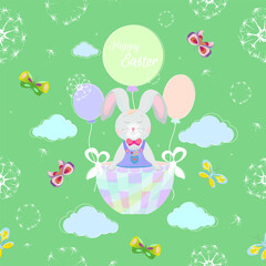 Vector Easter pattern with hare flying on colored airy with fluffy dandelions and butterflies