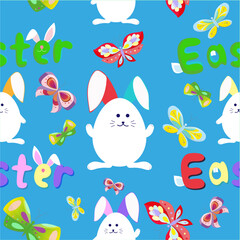 Vector seamless pettern with cute hare egg, bright butterflies and fancy Easter lettering on a bright background