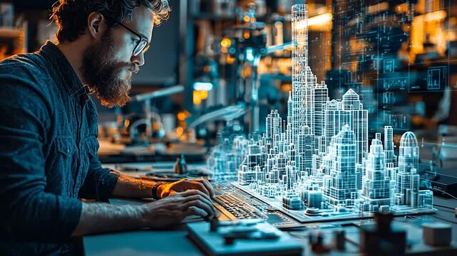 Architect using computer aided design to model a futuristic city.