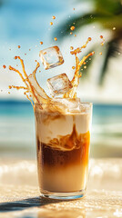 Iced latte with splashes on the beach background. Iced coffee. Summer refreshing drink.