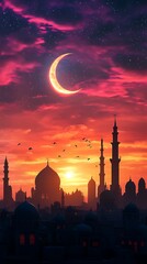 A vibrant sunset silhouette of a cityscape with a crescent moon and minarets.